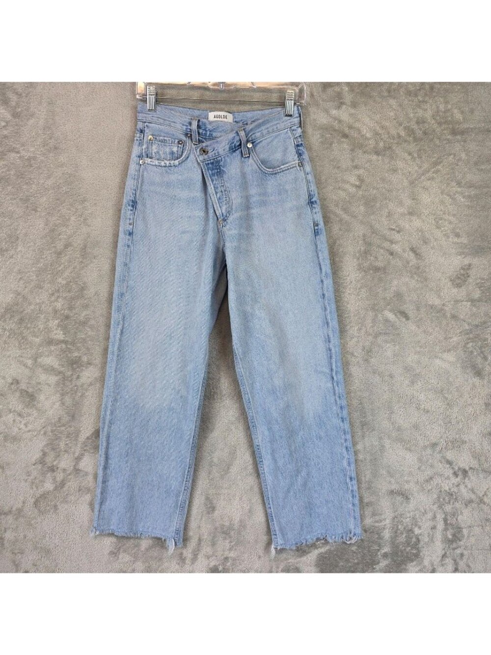AGOLDE Criss Cross Straight Jeans Womens 24 Blue Light Wash High Rise Raw Hem